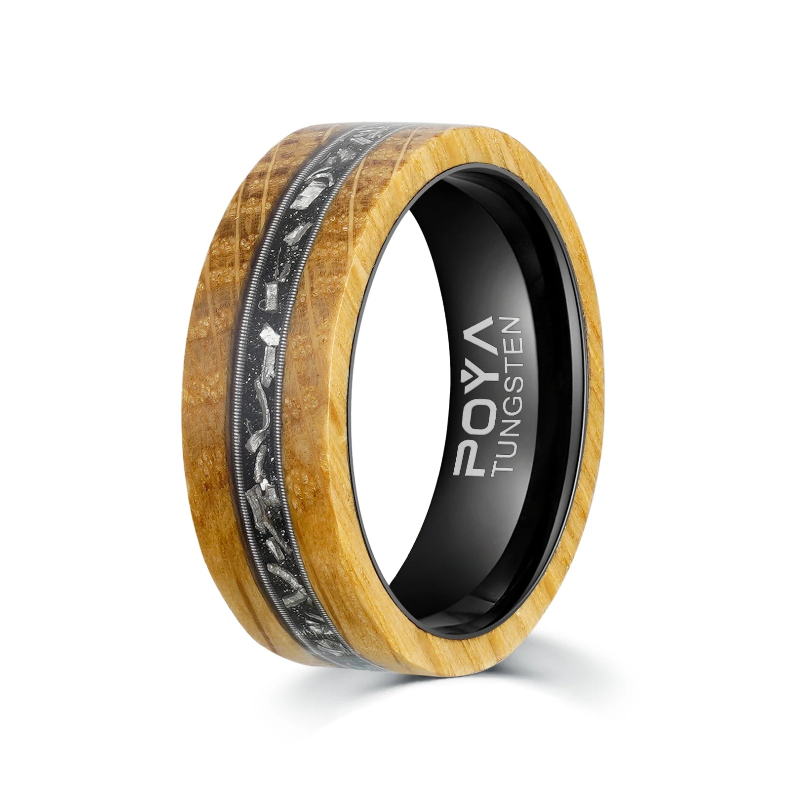 Poya Mens Wedding Band Meteorite Whisky Barrel Wood Silver Guitar String Tungsten Carbide Ring
