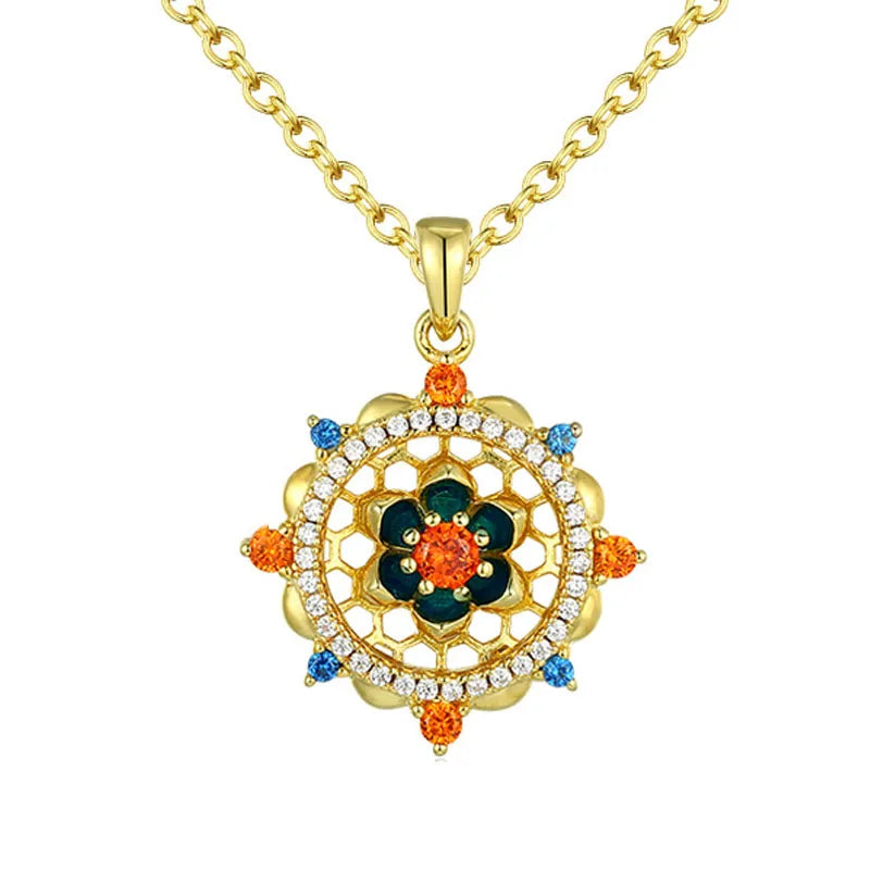 Oriental Style Lotus Flower Luxury Fine Jewelry Colorful Diamond Zircon Gold Plated Womens 925 Sterling Silver Pendant Necklaces