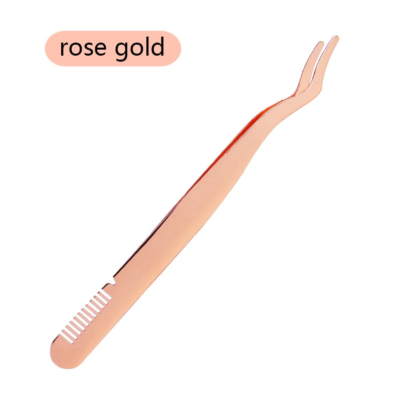 Custom logo Rose Gold Stainless Steel Eyelash Applicator Private Label Extension Eyelash Tweezer with Comb