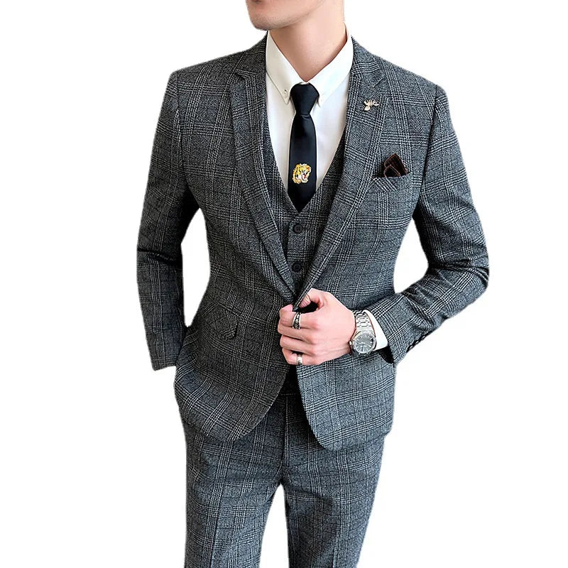 Korean Style Men's Single Breasted Plus Size 3-Piece Plaid Business Wedding Suits Light Grey Coat & Pants