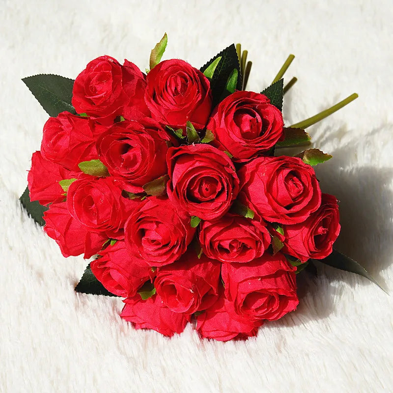 Red Roses 18 Heads Bridal Hand Holding Bouquet Flower Artificial Rose Flowers for Wedding Home Decoration