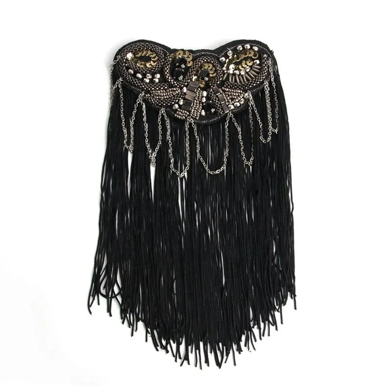 Jachon Metal Epaulet Men's Black Fringe Shoulder Pieces Rhinestone Tassel Chain Shoulder Boards Badge Uniform Accessories