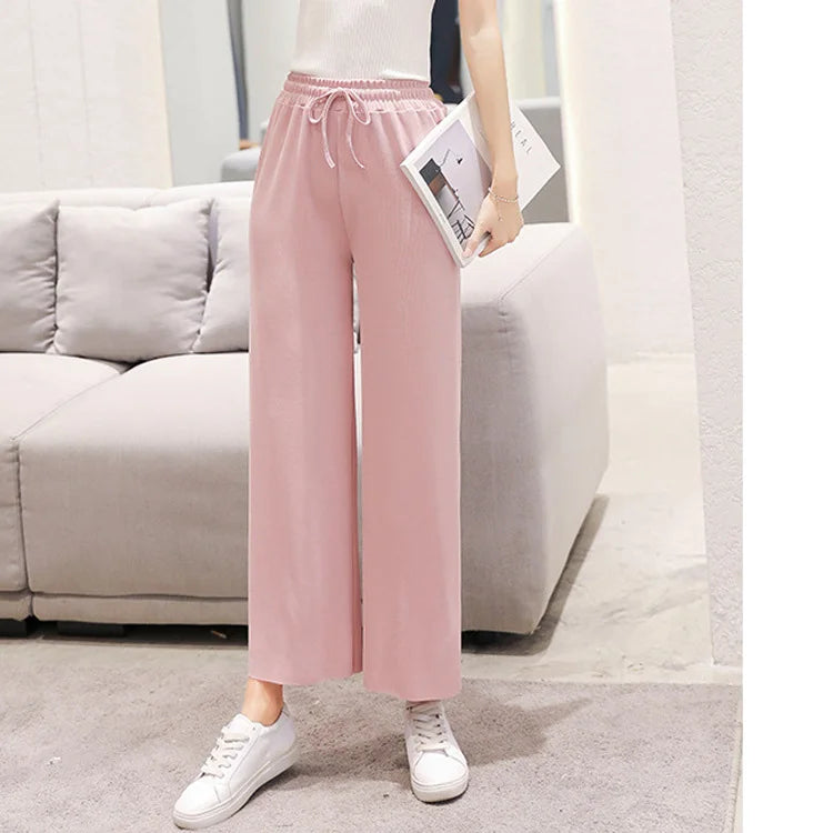 Women's Summer Casual Ankle-Length Straight Pants High Waist Loose Fit Colored Washed Style Thin Wide Leg Design