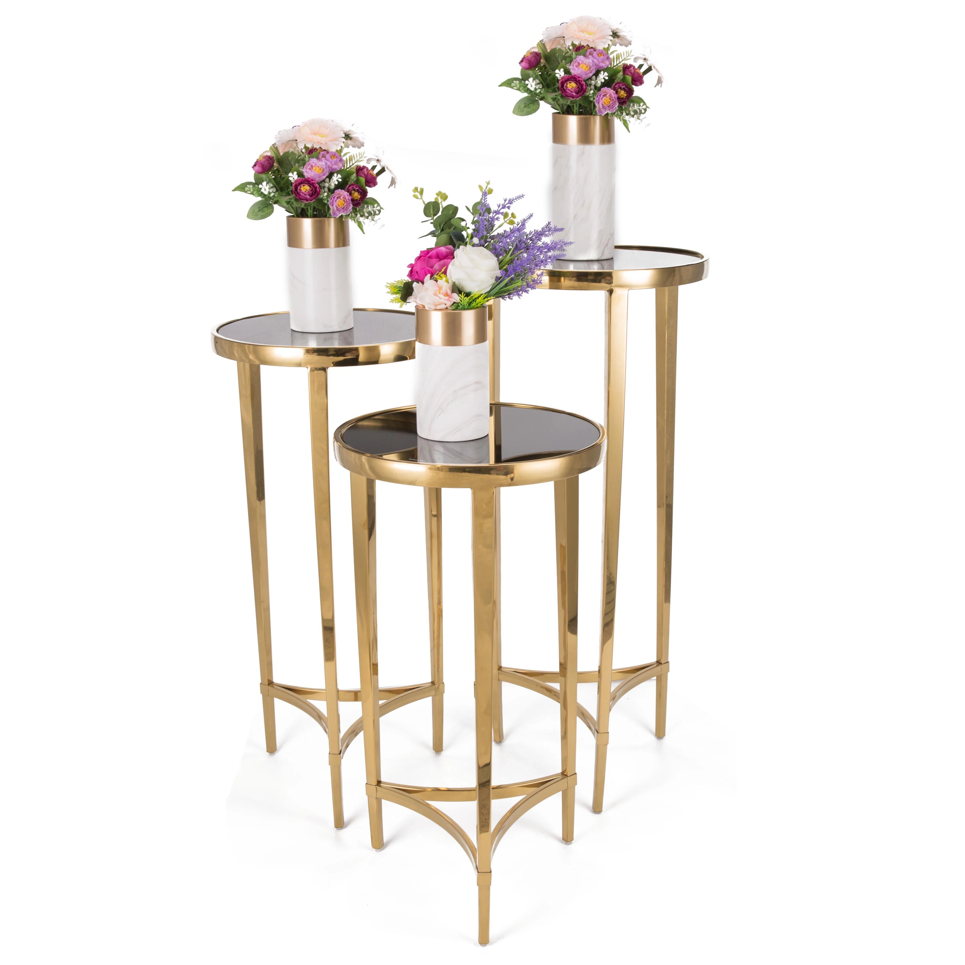 Wedding Flower Stands Golden  Glass Top Set of 3  Metal Furniture
