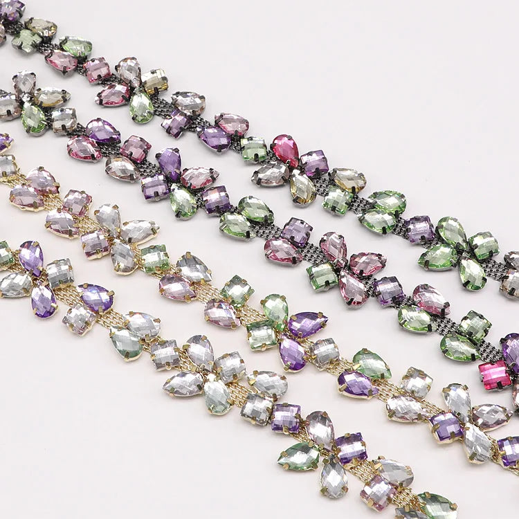 JFRC032 Multicolor Acrylic Stone Trim Fringe Iridescent Color Rhinestone Banding Dangling Teardrop Rhinestone Trimming