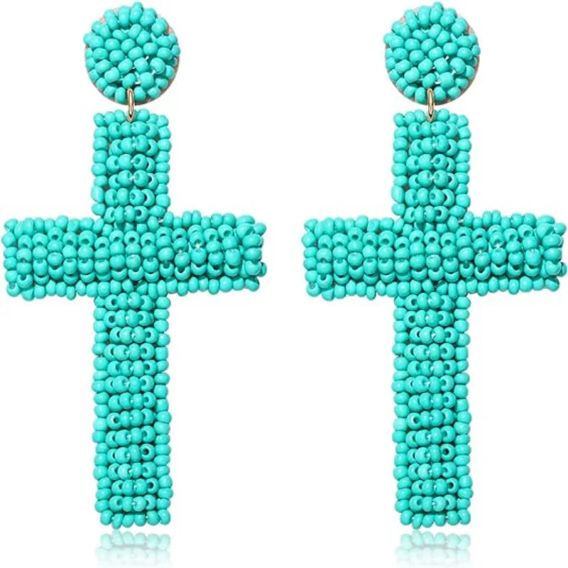 Women's Handmade Bohemian Cross Pendant Earrings Minimalist Beaded Fashion Drop Accessories