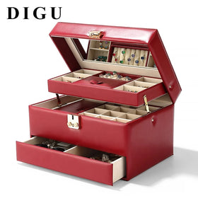 DIGU Custom Logo PU Leather Large 3 Layer Lockable Red Necklace Ring Earring Jewellery Storage Jewelry Box With Lock