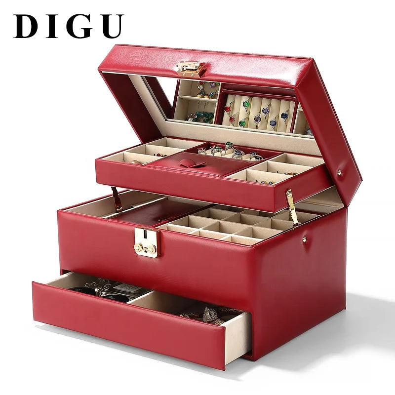DIGU Custom Logo PU Leather Large 3 Layer Lockable Red Necklace Ring Earring Jewellery Storage Jewelry Box With Lock