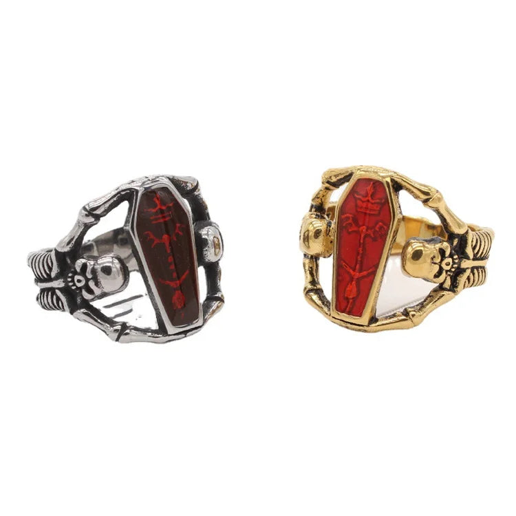 Hip Hip Vintage Red Vampire Bat Ring Gold Plated Stainless Steel Skull Rings for Men