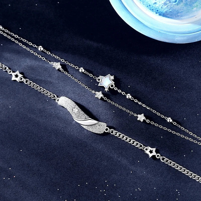 925 Pure Silver Star Meteorite Jewelry Couple Bracelet. Unique Design. Suitable for Engagement Gift and Party.