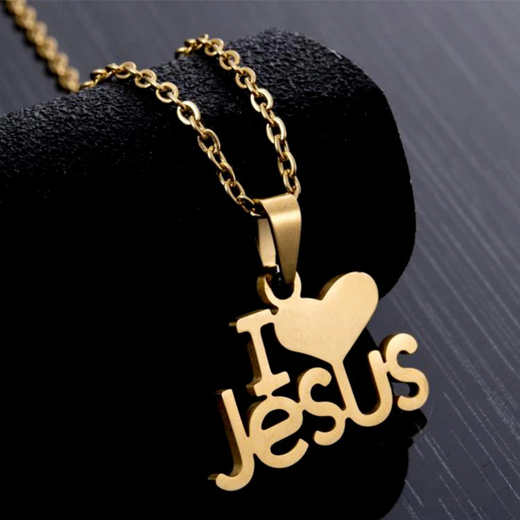 Wholesale Non Tarnish Silver 18K Gold Plated Stainless Steel Women Christian I Love Jesus Pendant Necklace Jewelry MegaBDM