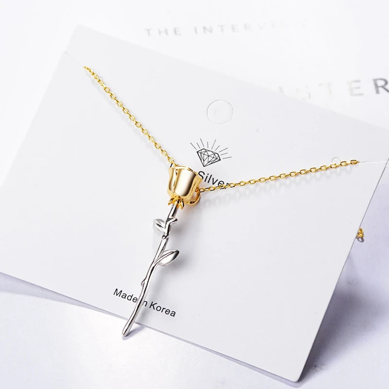 Valentine's Day Gift 925 Silver Gold Plated Rose Flower Pendant Necklace Jewelry for Women