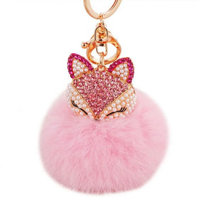Promotion Fashion Cute Keyring Rhinestone Pearl Fox Head Keychain Imitation Rex Rabbit Fur Pom Pom Keychain Lady Bag Accessories