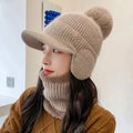 Fashion Thickening Hat Collars Female Warm Beanie Hat Casual Fur Pom Pom Ball Ski Caps Winter Women Knitted Hat Scarf Set