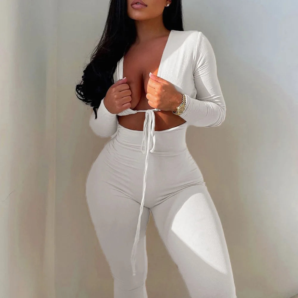 Custom Logo Women Casual Jumpsuit Rompers Hollow Out Deep V Neck One Piece Sets Full Length Bodycon Jumpsuit