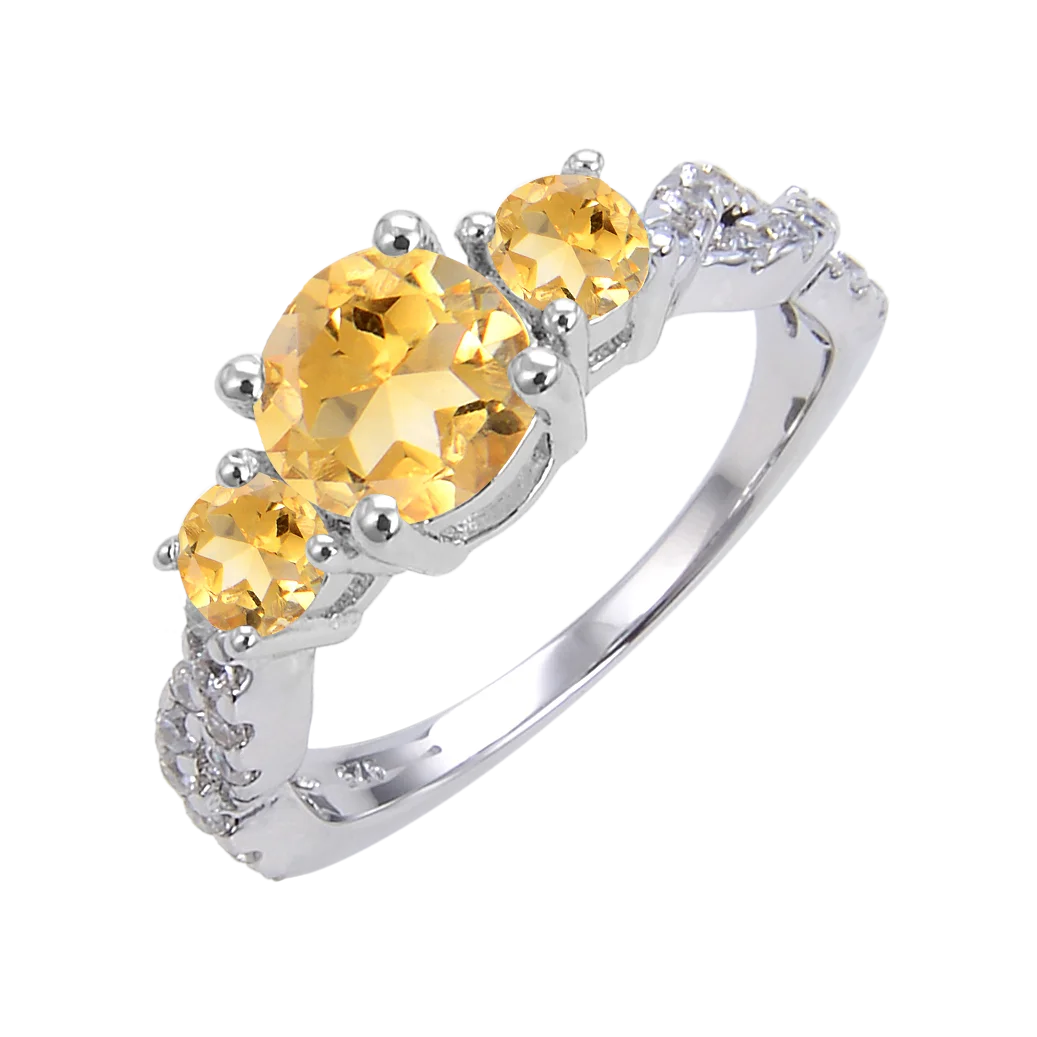 Abiding Three Natural Citrine Gemstone Fashion Classical 925 Sterling Silver Engagement Ring Jewellery for Women
