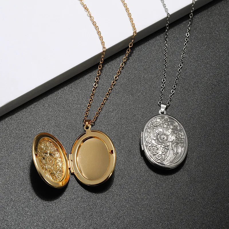 Retro Oval Heart Shell Shape Carved Openable Lockets for Photos Pendant Necklace Women