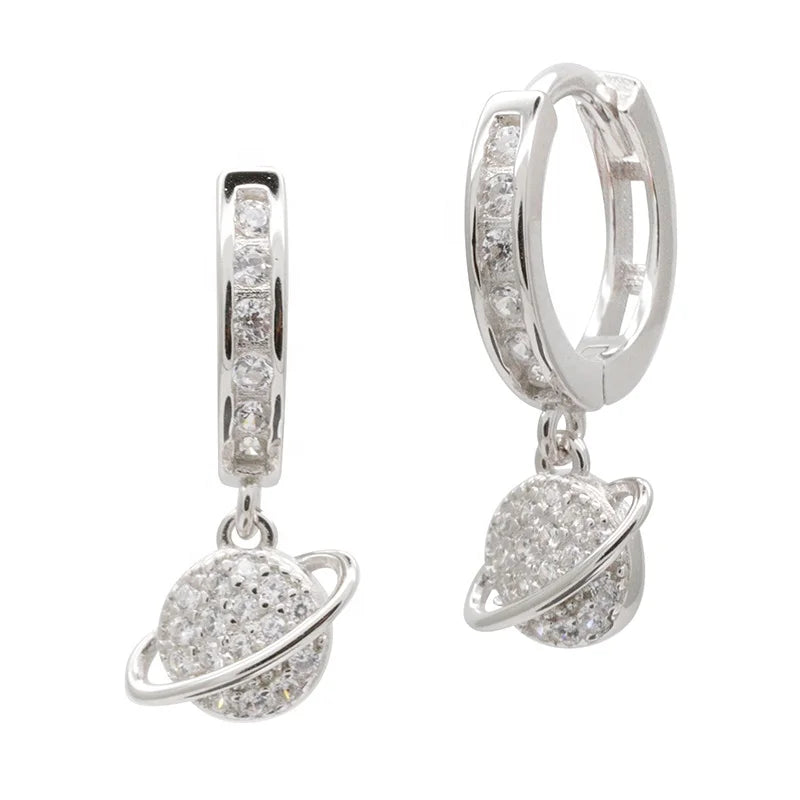 Fine Jewelry Cosmic Planet Earrings Gold Plated Planet White Zircon Planet Earrings for Women 925 Sterling Silver
