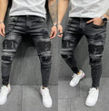 Hot Sale Skinny Men Jeans High Street Wash Hole Patches Tight Leg Straight Black Men Denim Jeans Pants