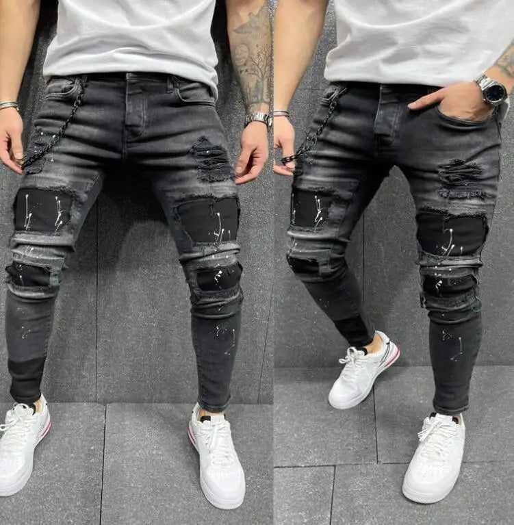 Hot Sale Skinny Men Jeans High Street Wash Hole Patches Tight Leg Straight Black Men Denim Jeans Pants