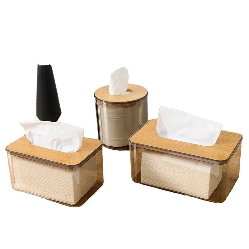 Modern Transparent Rectangular Bamboo Facial Dispenser Minimalist Tissue Box Cover Holder for Bathroom Bedroom Living Room