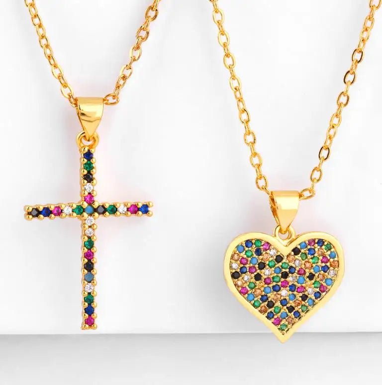 18K Gold Plated Cross and Heart Pendant Necklace Romantic Fashion Gift Jewelry for Lovers
