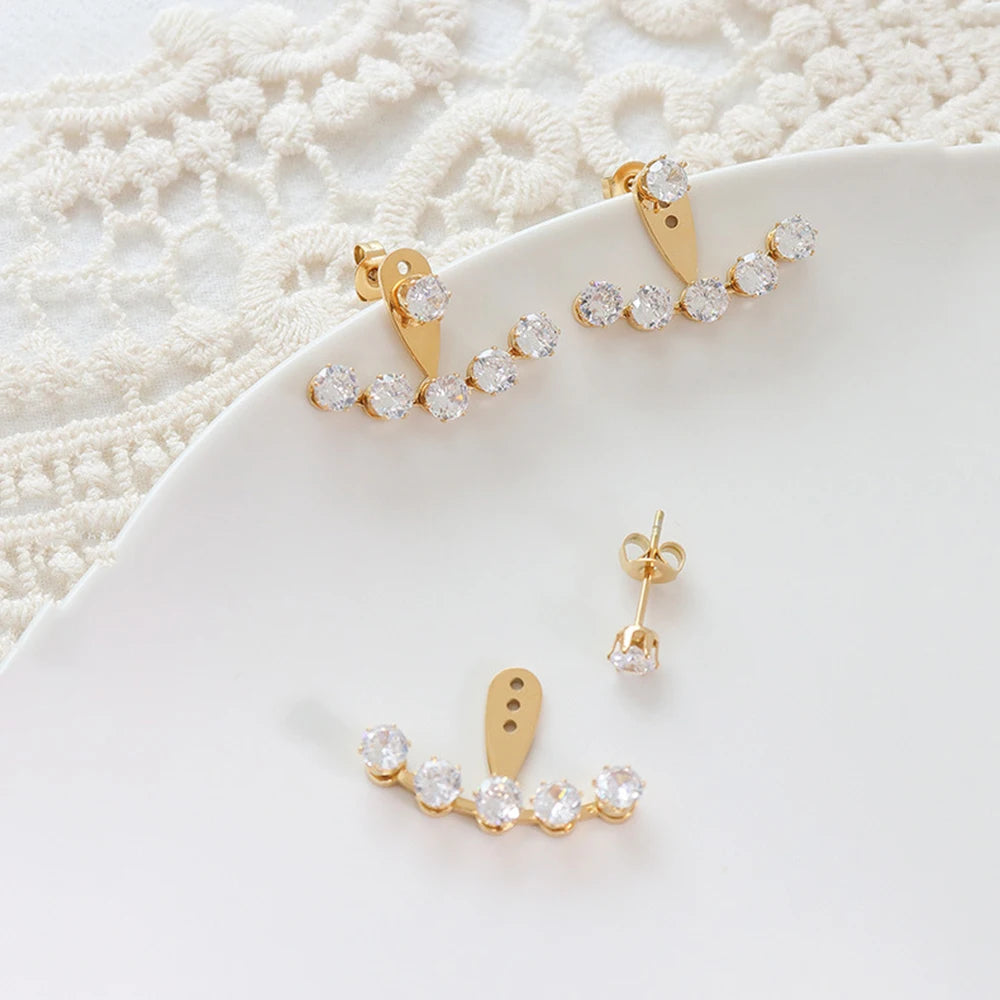 French Style Irregular 18k Gold Plated Stainless Steel Three Holes Adjustable Detachable Cz Zircon Stud Earrings for Women