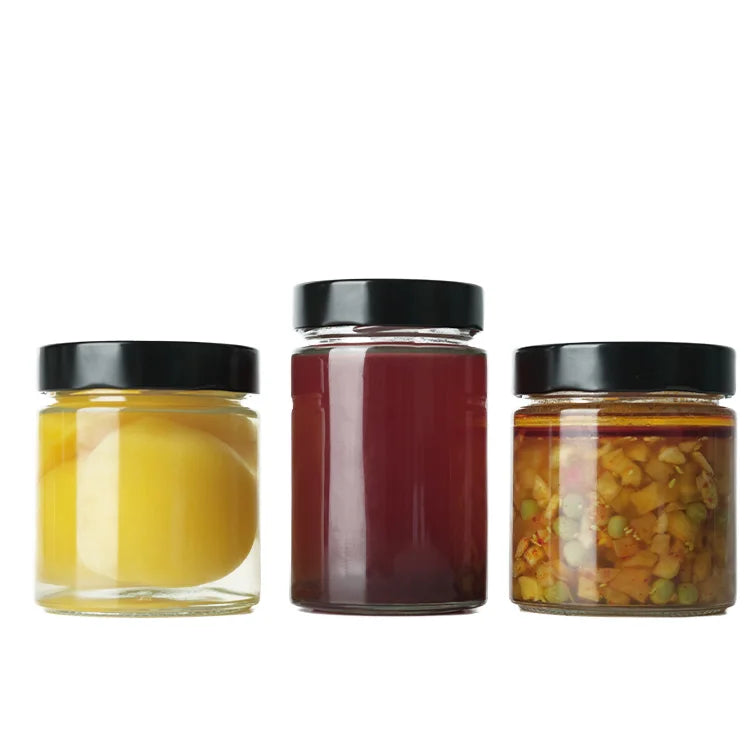 Large Clear Round Glass Jar with Black Lid for Food Storage Honey Jar Bottle Jar Packaging for Canned Food Printed Technics