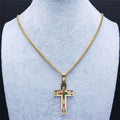 Hip Hop Man Jewelry's Stylish Multi-Color Zircon Cross Pendant Necklace Gold Plated Stainless Steel Waterproof Collar Beads