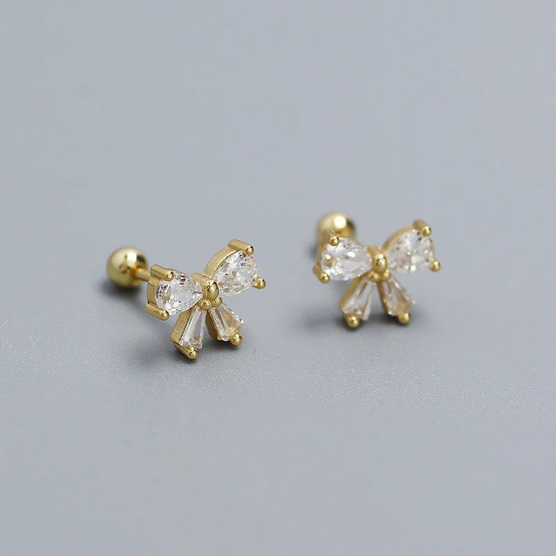 Romantic 925 Sterling Silver Bow Stud Earrings for Ladies Trendy Spiral Beads Shiny Zircon Gold Ear Bone Piercing Jewelry for