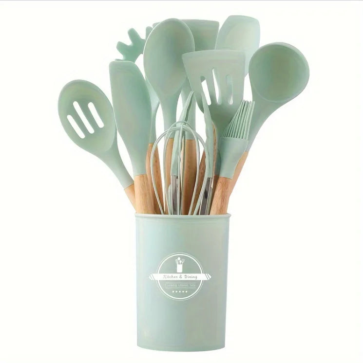 Professional Manufacture Silicone Kitchen Accessories Cooking Utensils Set with Wood Handle for Home Kitchen Use