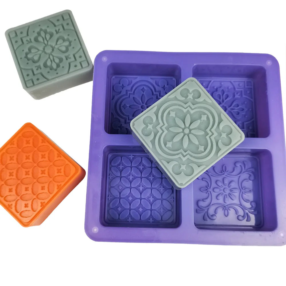4-Cavity Square Flower Silicone Soap Mold Eco-Friendly & Odorless 17.3x17.3x2.9cm Handmade in OPP Bag