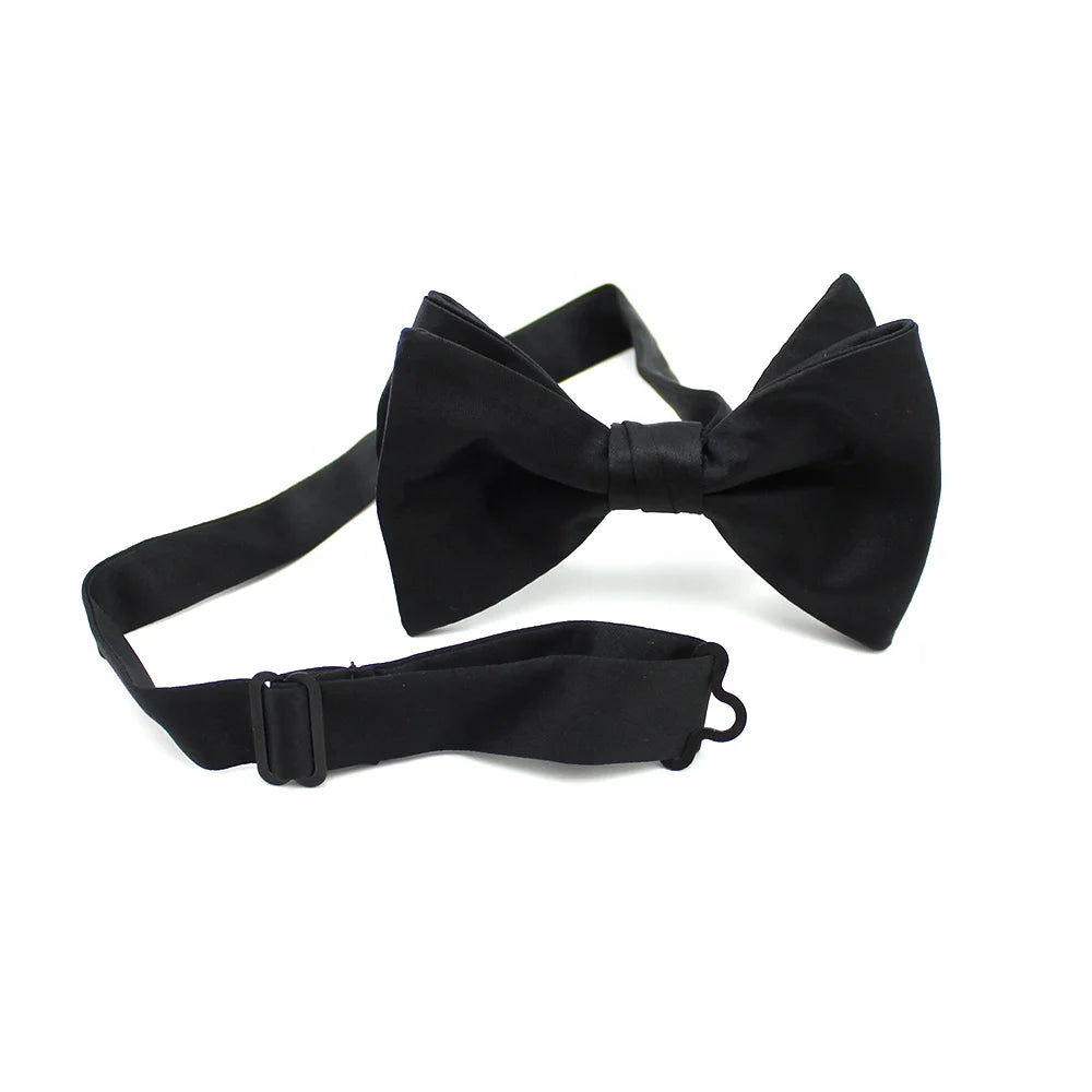 Handmade Adjustable Pretied Bowtie Men's Suit Private Label Jacquard Satin Butterfly Big Solid Color Tuxedo Black Silk Bow Tie