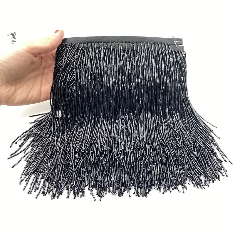 Wholesale Glossy Black 14cm 6 Inch Glass Crystal Bead Fringe Tassel 5 yard per bag for Dress Decoration Latin Dance Wear