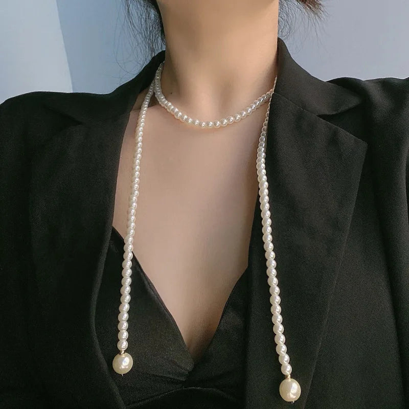 Long Multi-layer Pearl Sweater Chain Necklace Women Fashion Jewelry French Retro Necklaces
