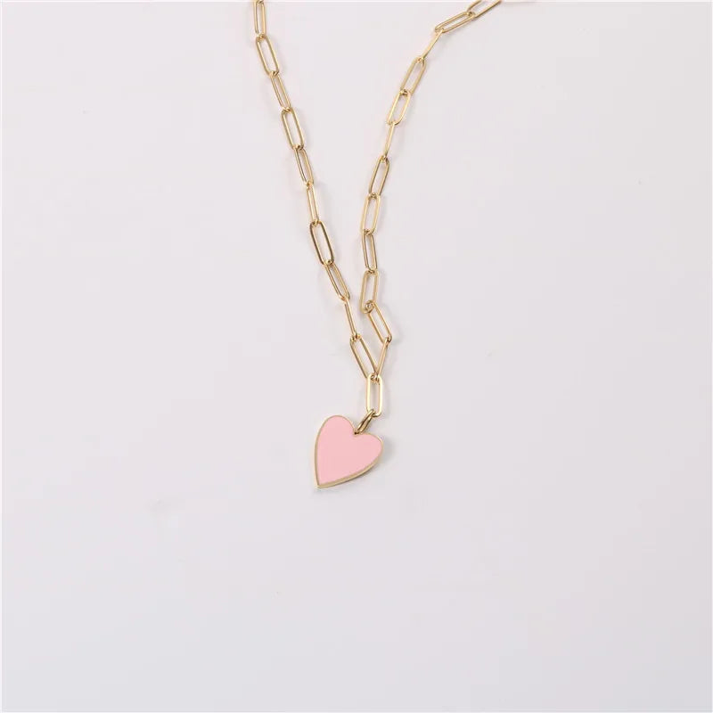 Fenny 18K Gold Plated Wholesale No Fade Hot Seller Fashion Romantic Pink Heart Pendant Paper Pin Chain Stainless Steel Necklace