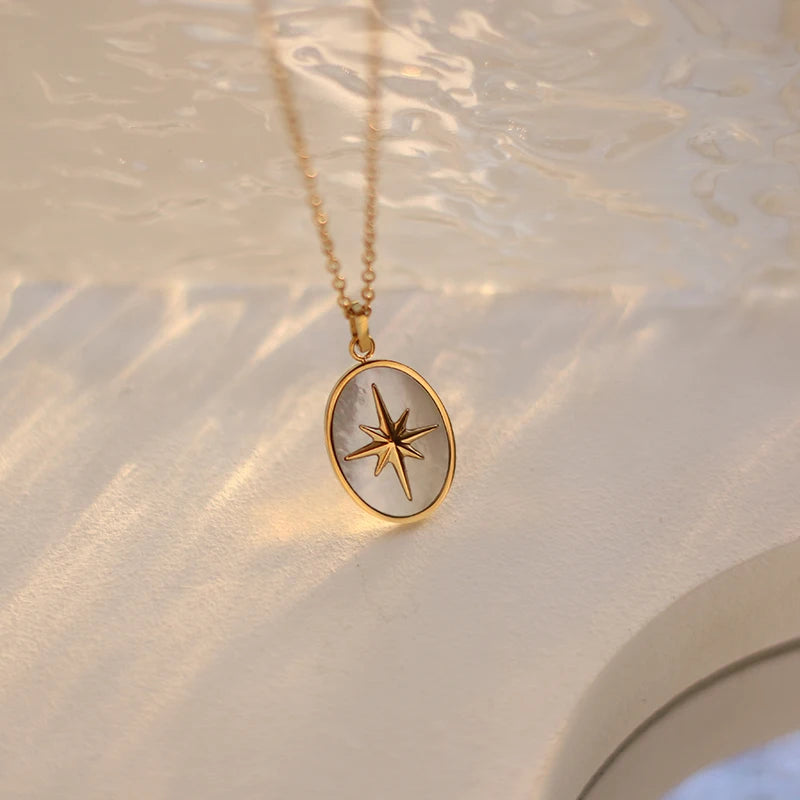 Popular Oval North Star White Shell Pendant Pearl Stainless Steel Necklace for Ladies
