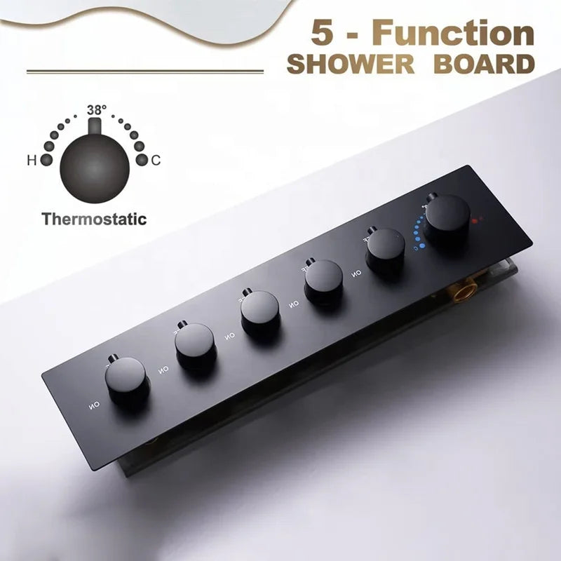 6 Handles 5 Functions Black Chrome Polished Modern Brass Shower Diverter Thermostatic Valve Pressure Balanced Mixer Homedec