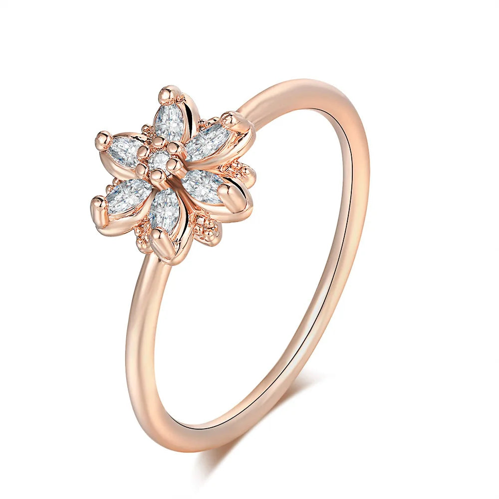 Dainty Snowflake Flower Ring for Women Marquise Cut Cubic Zirconia Thin Stackable Band Minimalist Promise Wedding Jewelry Gift