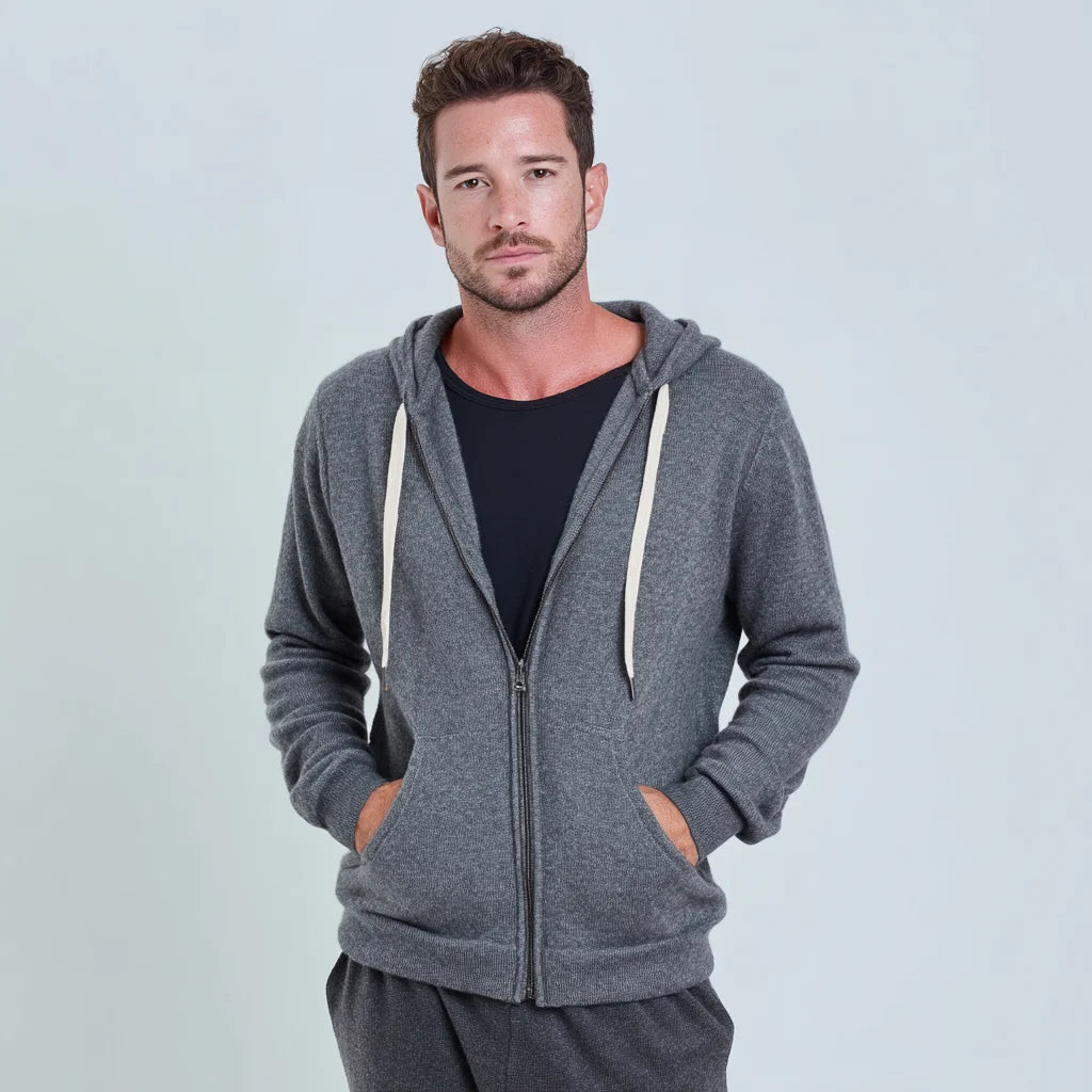 Men's Winter blend of cashmere and fine wool Zip-Up Hoodie Hypoallergenic Insulating Knit Jacket with Adjustable