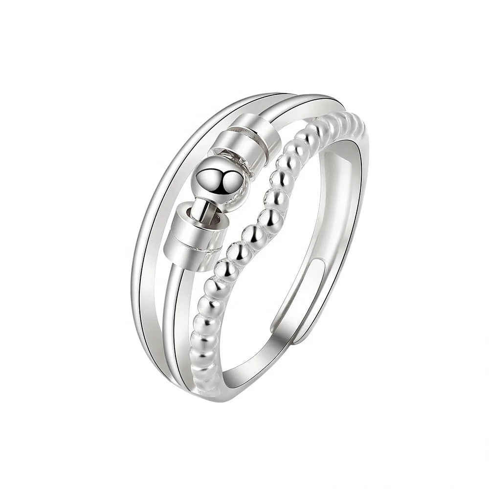 New Arrival Adjustable Open Size Rotating Beads 925 Sterling Silver Anti Anxiety Gold Ring for Men or Women