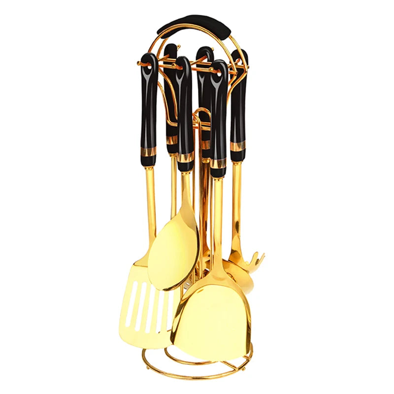 Luxury Ceramic Handle 6PCS Stainless Steel Kitchen Cooking Utensils Set With Holder