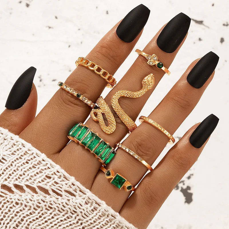 European And American Fashion Geometric Snake Shape Ring Heart Rectangle Ring For Women 8PCS/Set Finger Ring