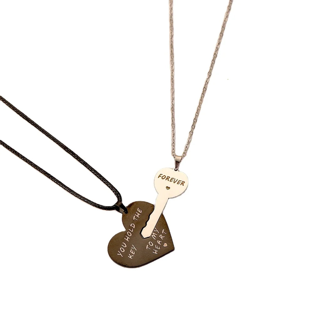 Couple Friendship Stainless Steel Love Charm Pendant Necklace Set Half Puzzle Heart Key DIY Text for Romantic Christian