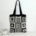 2023 Women's Knitted Tote Bag Korean Hot Style Black White Checkered Portable Shoulder Shopping Bag