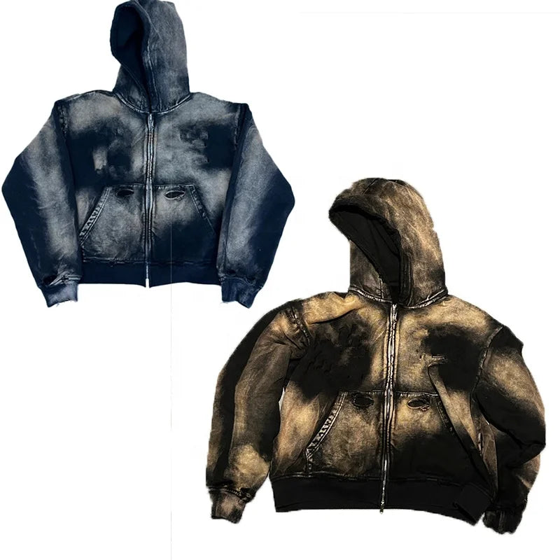 KY New Design Unisex Hoodies Wholesale 450 Gsm Acid Wash Distressed Hoodie Blank