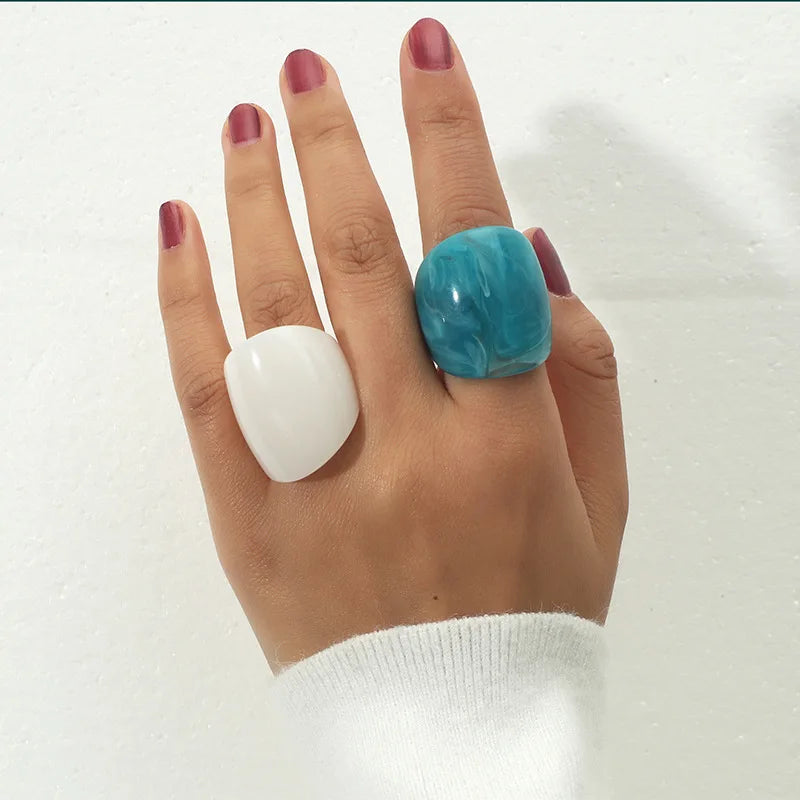 Ins Korean Retro Exaggerated Acrylic Acetic Acid Band Ring Hotsale Blue Geometric Wide Resin Acrylic Rings Set