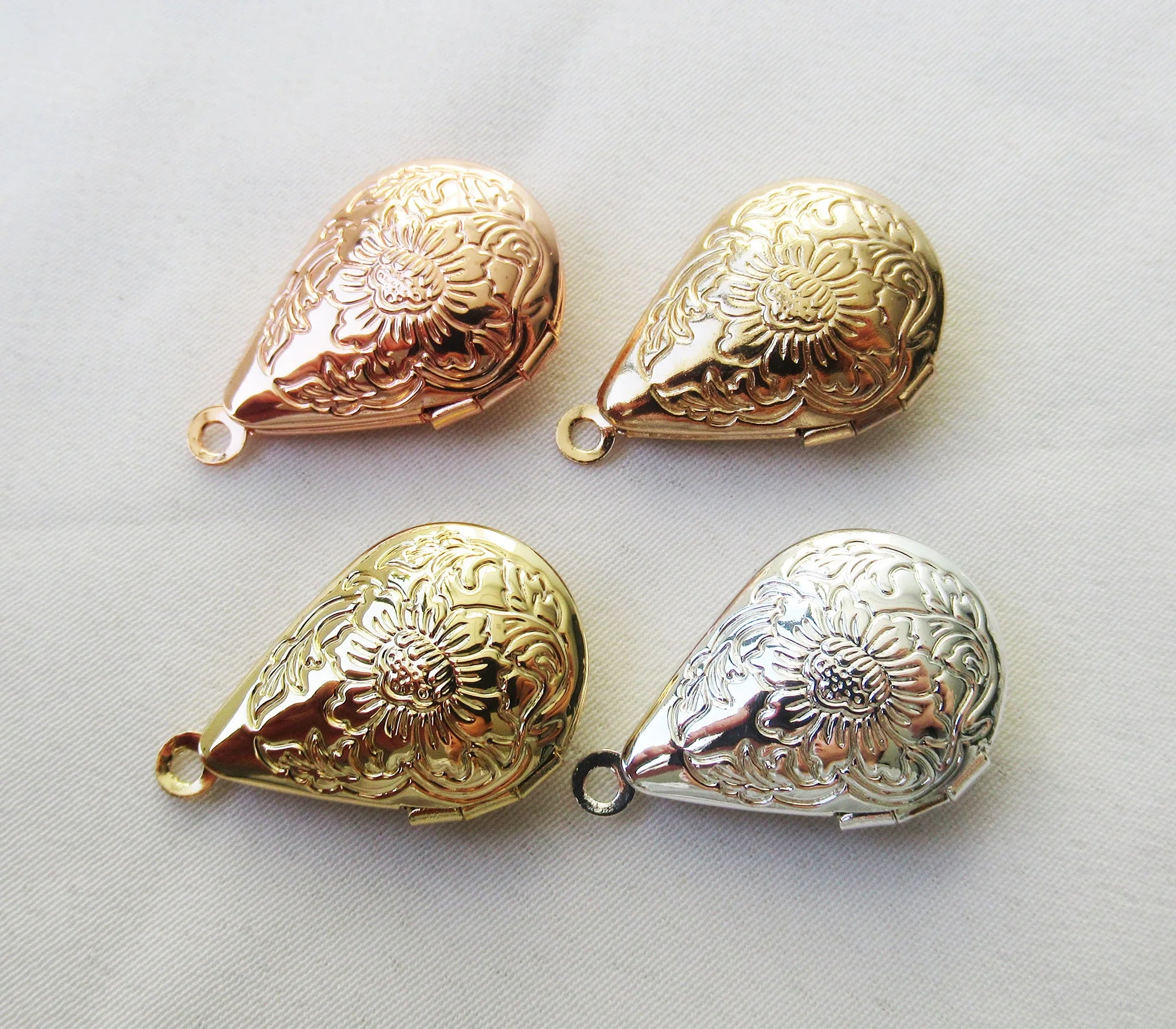 Chrysanthemum Teardrop Shape Locket Pendant Textured Flower 25x16mm Brass Plated End Charm