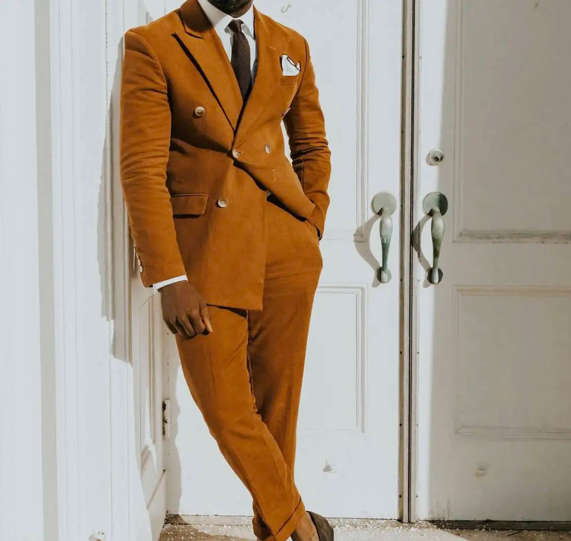Light Brown Double Breasted Men Suits Set 2 Pieces Jacket+Pant Costume Homme Wedding Groom Tuxedos Terno Masculino Slim Fit