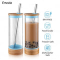 16oz/20oz Glass Tumbler Water Bottle with Straw and Bamboo Lid Borosilicate Glass Smoothie Boba Tumbler Cups with Bamboo Base